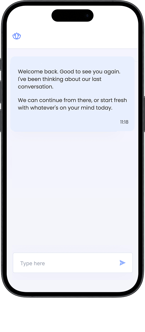 Faye welcoming back the user to their chat